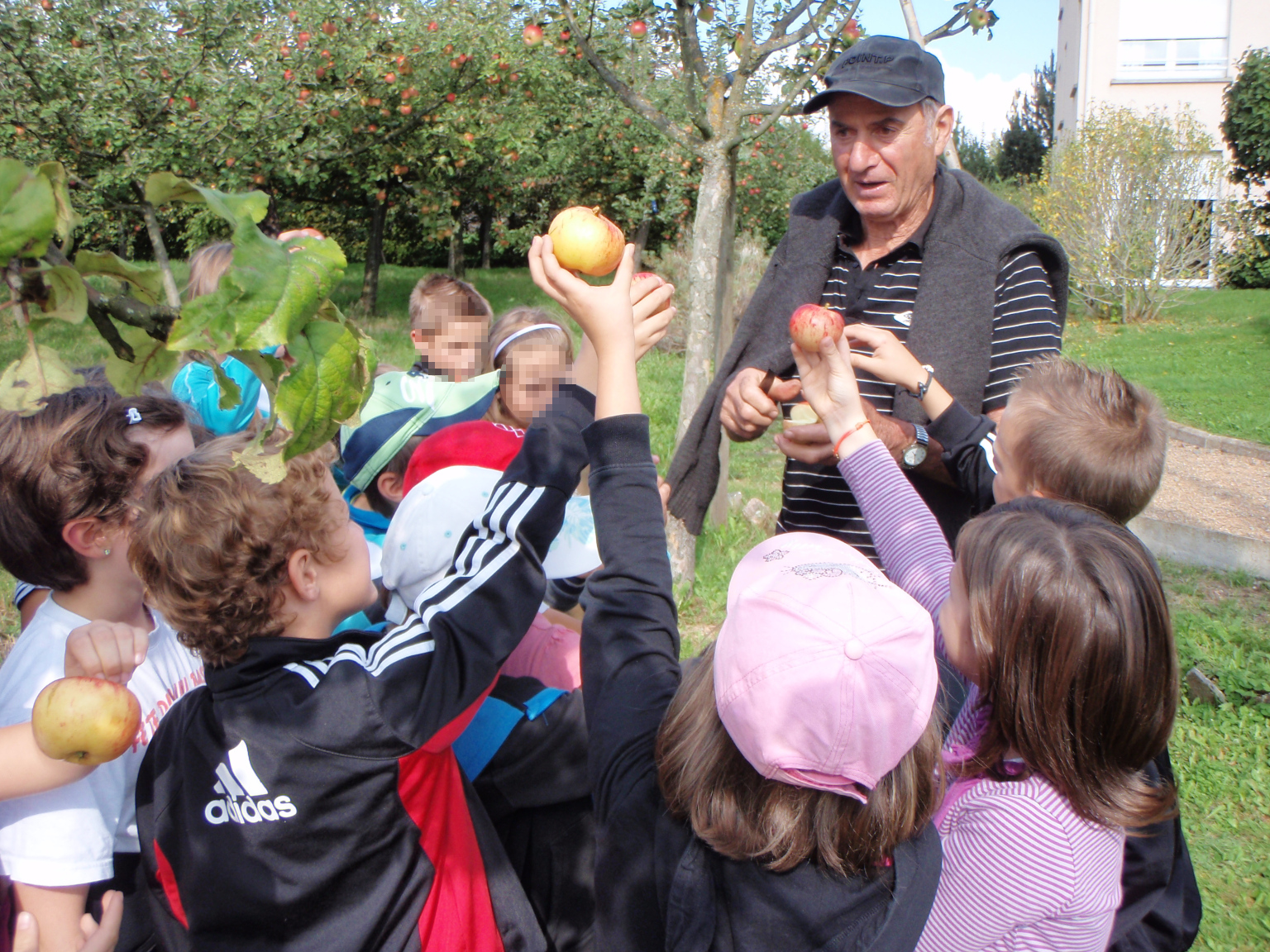 Paul fait visiter le verger aux enfants de l'école